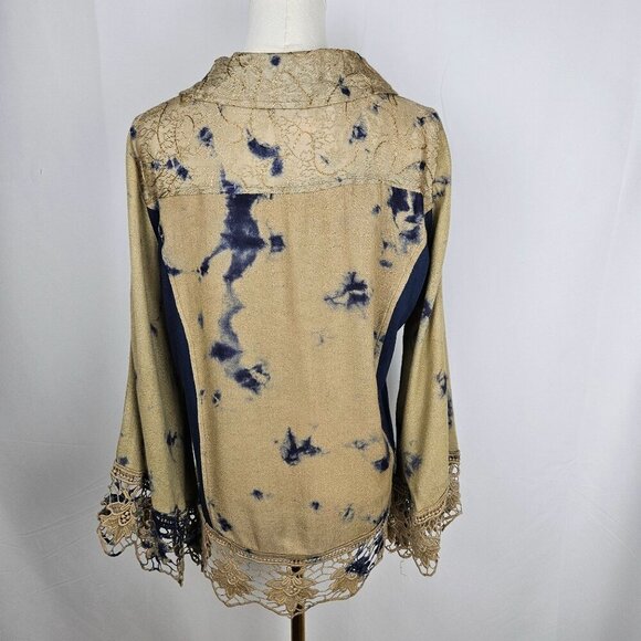 Parsley & Sage Small Button Tie Dye Boho Top Crochet Blue Tan Festival Bell Slv - Picture 4 of 11